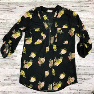 Ardene Black Floral Blouse 3/4 Sleeve Size XS